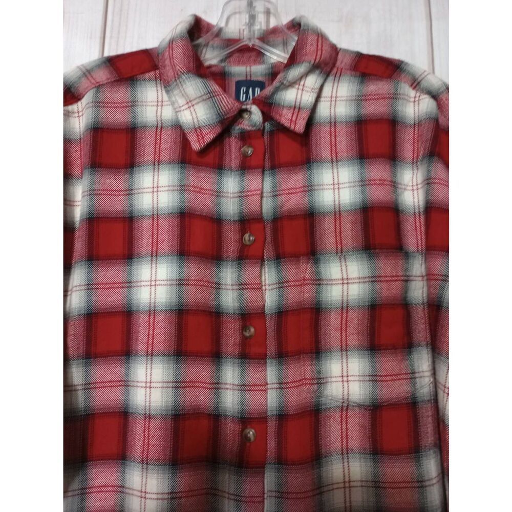 GAP Womens Plaid Flannel Button Up Long Sleeve Shirt Red‎ White Cottagecore - Picture 3 of 7